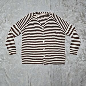Women Stripes Button Cardigan Sweater L Casual V Neck Knitted Sweater Outwear